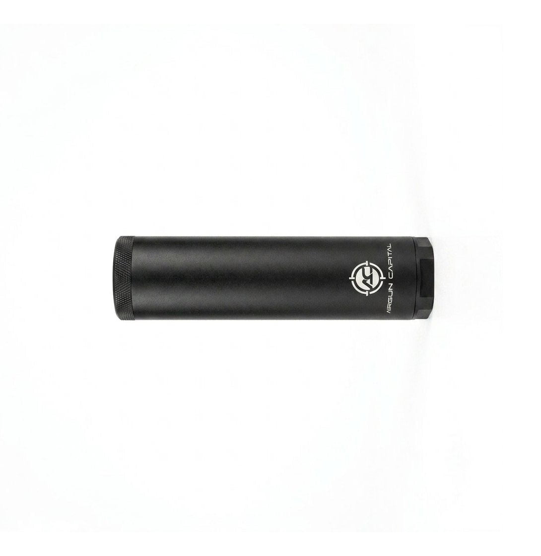 Front view of Airgun Capital suppressor for airguns, showing sleek cylindrical design and mounting details.
