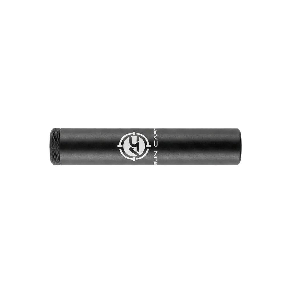 Airgun Capital Raven 1-inch by 6-inch airgun suppressor attached to a rifle, designed to reduce noise and improve shooting experience.
