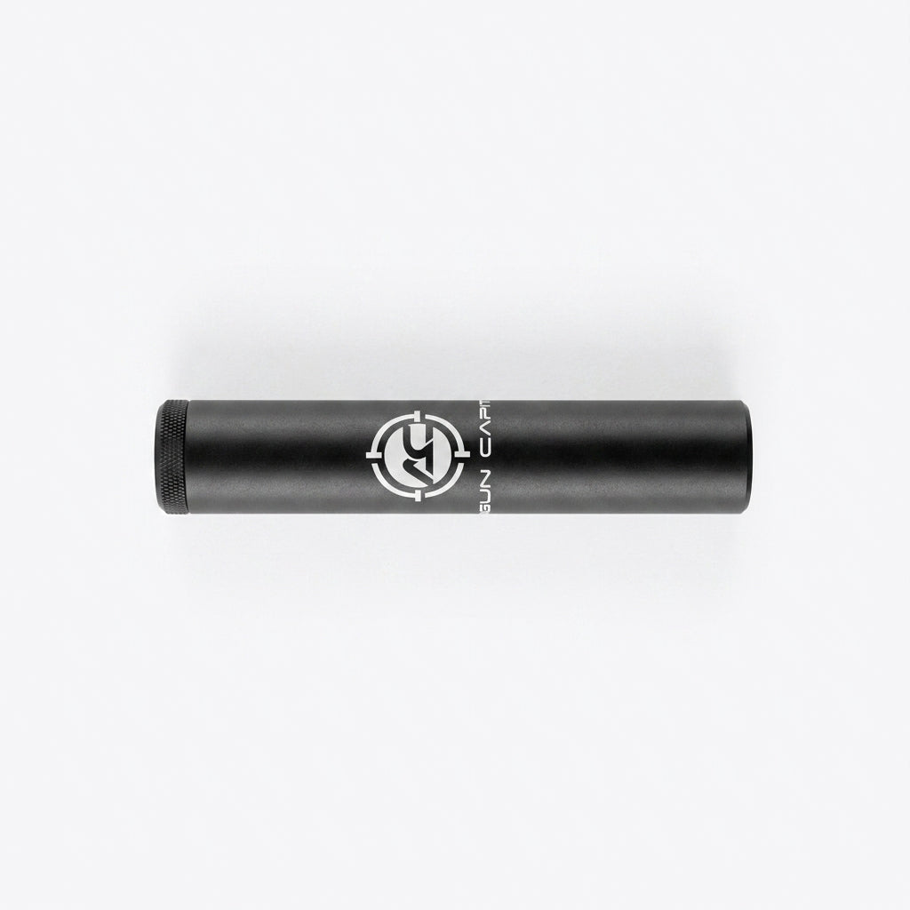 Airgun Capital suppressor attached to an airgun, showing the compact design and matte finish of the airgun suppressor.