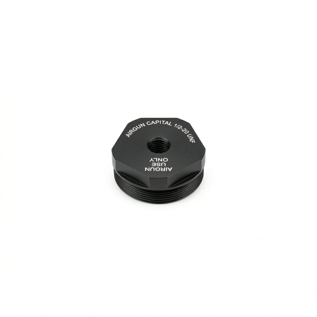 Airgun Capital suppressor attached to an airgun, showing a compact 2-in-1 design with dual caps for versatile use.
