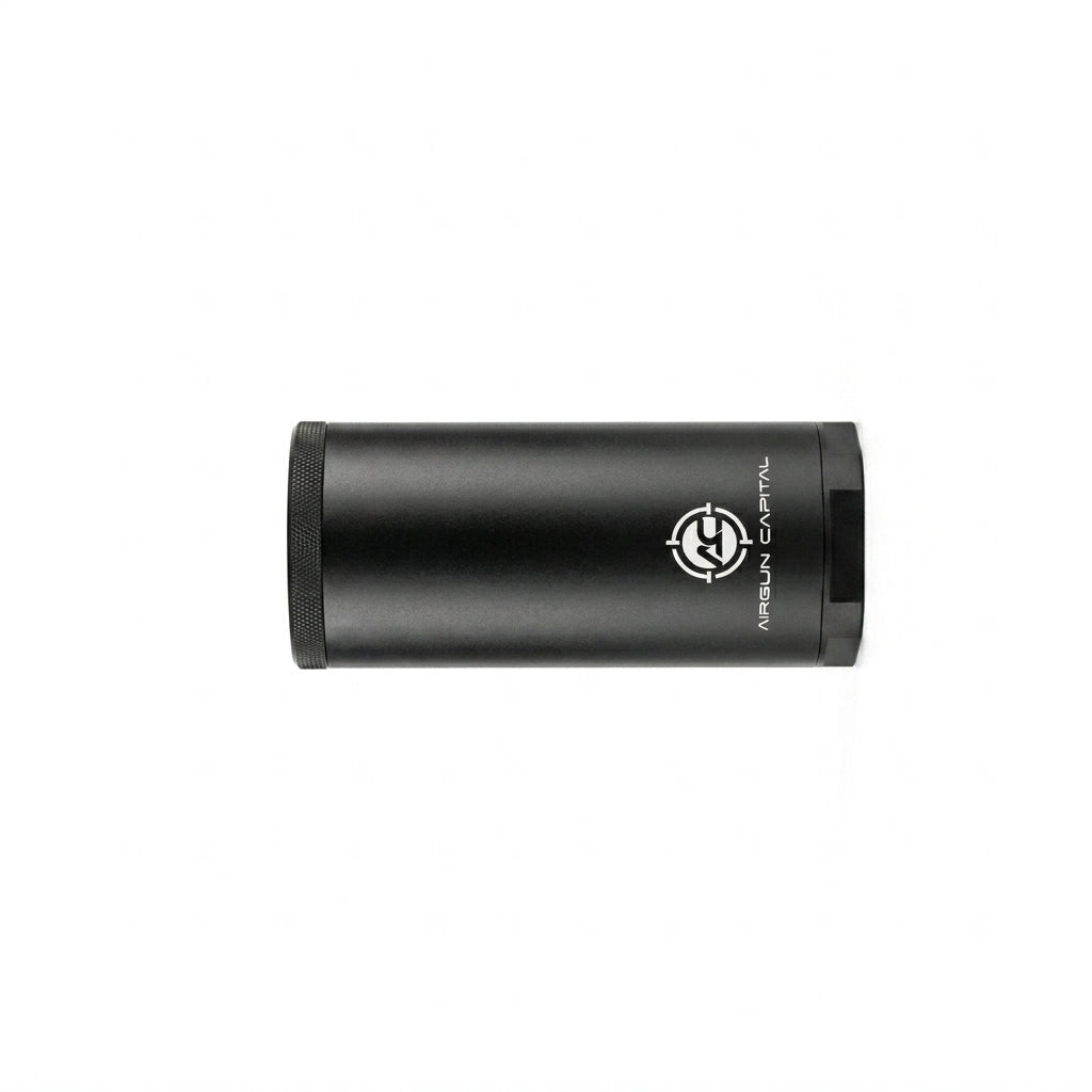 Front view of Airgun Capital suppressor designed for airguns, showing its sleek cylindrical shape and mounting threads.
