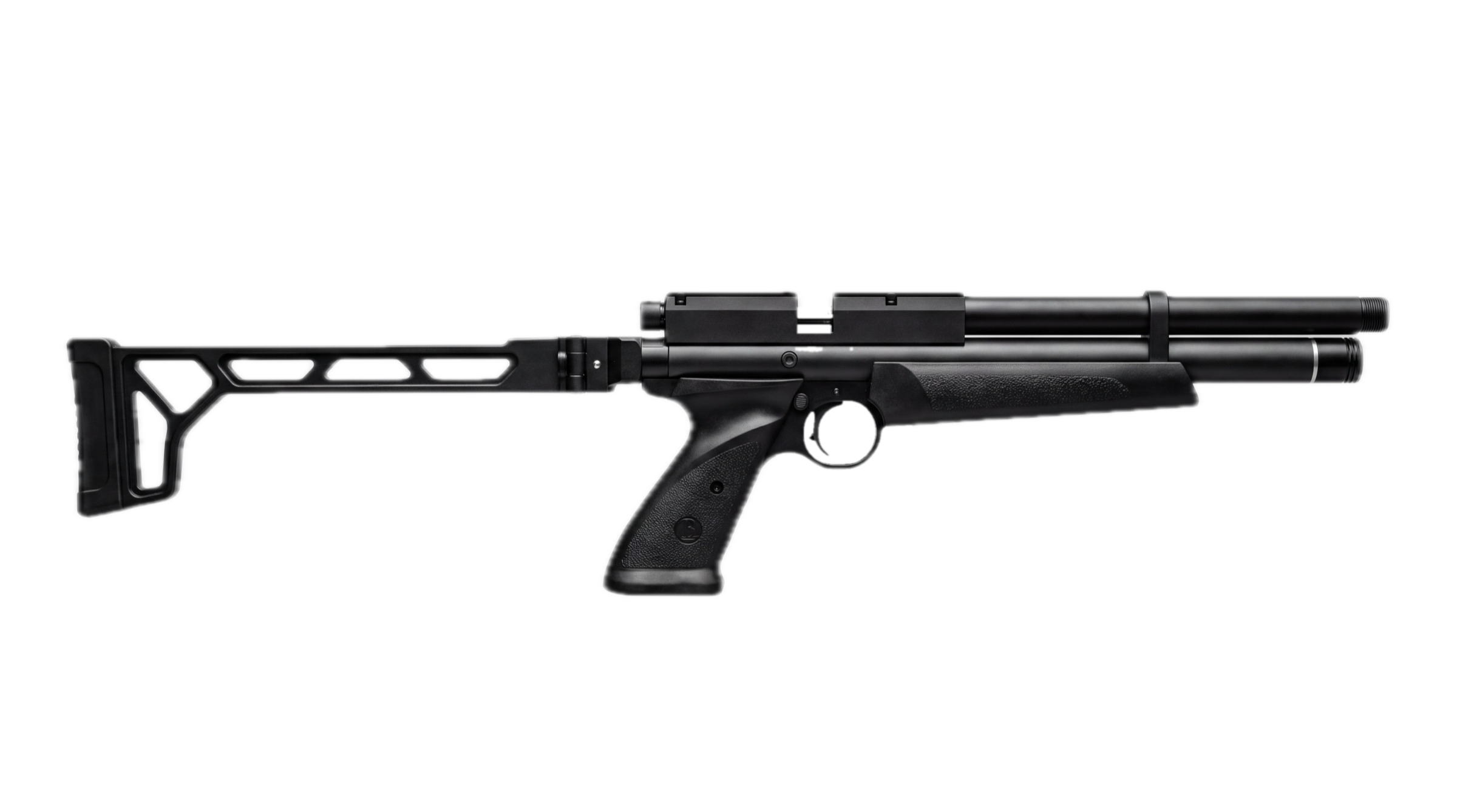 Airgun Capital folding stock and folding stock adapter mounted on a PCP air pistol, stock deployed